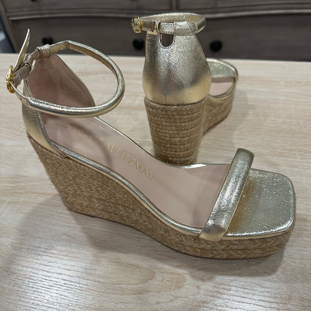 Stuart Weitzman Metallic Gold Wedge Sandals